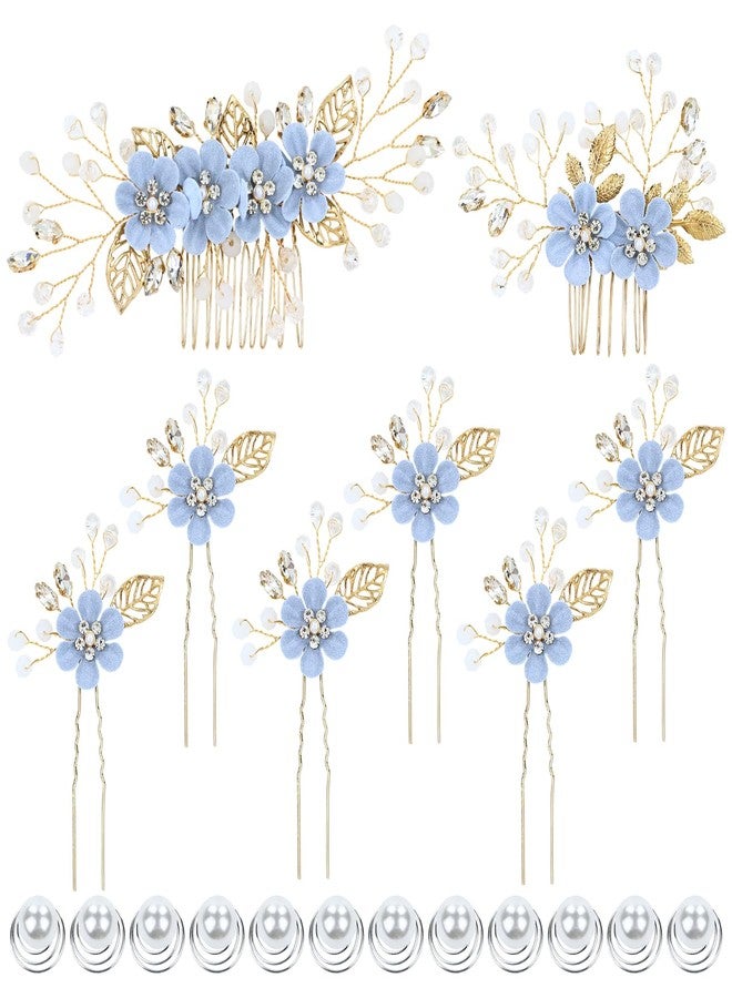 Dizila 20 Pieces Bridal Wedding Party Prom Rhinestone Pearl Light Blue Flower Hair Side Combs Slides+U-shaped Flower Hair Pins+Twist Spiral Pearl Hair Pins Headpieces for Brides Bridesmaids Women Girl - Image 1